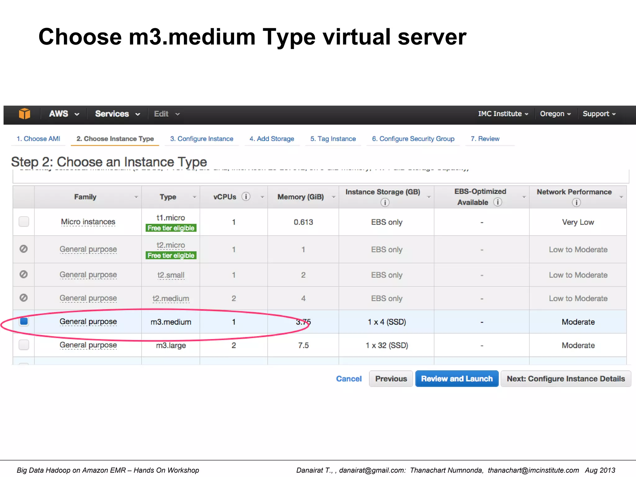 Danairat T., , danairat@gmail.com: Thanachart Numnonda, thanachart@imcinstitute.com Aug 2013Big Data Hadoop on Amazon EMR – Hands On Workshop
Choose m3.medium Type virtual server
 