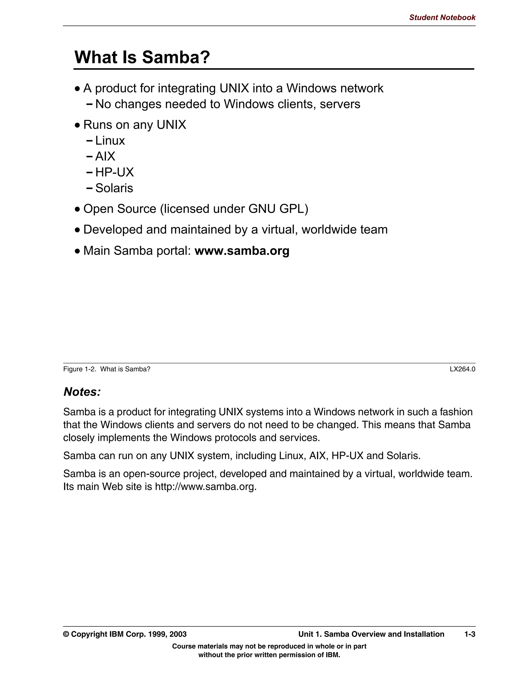 V1.2.2   BKM2MIF
                                                                                                        Student Notebook



Uempty
            :KDW ,V 6DPED
              $ SURGXFW IRU LQWHJUDWLQJ 81,; LQWR D :LQGRZV QHWZRUN
                1R FKDQJHV QHHGHG WR :LQGRZV FOLHQWV VHUYHUV
              5XQV RQ DQ 81,;
               /LQX[
               $,;
               +38;
               6RODULV
              2SHQ 6RXUFH OLFHQVHG XQGHU *18 *3/ 