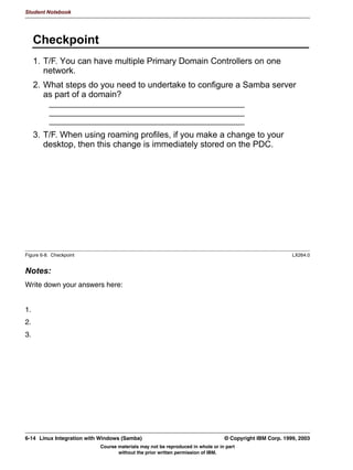 Figure 5-6. Auto Driver Installation under Windows (2 of 2)                                                      LX264.0


Notes:
Once the [print$] share is created, the driver files need to be uploaded to the share.
Unfortunately, this procedure is not as simple as merely copying the files into the right
directories. The driver needs to be configured properly in Samba, and this is a non-trivial
task. There are currently two methods to do this:
 • Install the print driver locally on the Windows client, then use the Samba command line
   utility rpcclient with various subcommands like adddriver, getdriver, setdriver, etc. to
   determine which files belong to the driver, and upload them to the Samba server. This
   needs to be done for any Windows 9X/ME clients, but is NOT recommended due to the
   complexity involved.
 • Use the Windows NT/2000/XP Add Printer Wizard utility to upload and install the
   drivers. This is the recommended procedure.
The Samba documentation describes both procedures in full detail.
Once the drivers are installed, they will be placed in the corresponding architecture
directories. Under the W32X86 directory, an additional subdirectory is created for Windows


5-10 Linux Integration with Windows (Samba)                                             © Copyright IBM Corp. 1999, 2003
                                   Course materials may not be reproduced in whole or in part
                                          without the prior written permission of IBM.
 