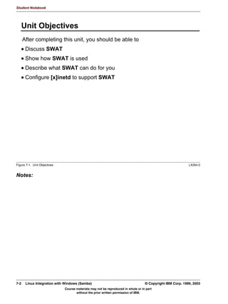 V1.2.2   BKM2MIF
                                                                                                         Student Notebook



Uempty
            8QLW 6XPPDU
              5HDVRQV IRU SULQWHU VKDULQJ
              $XWRPDWHG VKDULQJ RI DOO SULQWHUV
              6KDULQJ LQGLYLGXDO SULQWHUV
              $XWRPDWLF SULQWHU GULYHU LQVWDOODWLRQ RQ :LQGRZV FOLHQWV




         Figure 5-8. Unit Summary                                                                                      LX264.0


         Notes:
         We now know why we might want to share printers and how to share printers using
         Samba, so all that's left is to DO IT!
         Be sure to follow the guidelines given here and the configuration of the printers should be
         relatively straightforward.




         © Copyright IBM Corp. 1999, 2003                                                    Unit 5. Printer Sharing     5-13
                                     Course materials may not be reproduced in whole or in part
                                            without the prior written permission of IBM.
 