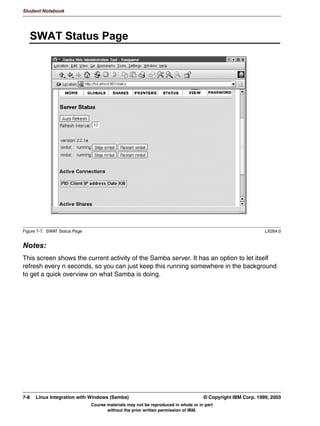 8VHU VWLOO QHHGV D ORFDO 8,'




                                                           6DPED
             :LQGRZV                                         :LQGRZV
                     /RJRQ UHTXHVW VHUYHU ZLWK /RJRQ UHTXHVW
              FOLHQW                VHFXULW                 RU 6DPED
                                     VHUYHU                    VHUYHU


Figure 6-3. Remote Authentication with security=server                                                          LX264.0


Notes:
One of the things the Samba team first added to Samba when working on Domain support
was security = server. In this security mode, a user logging on to a Samba server is not
authenticated against the local password database, but against a remote Windows server
or Samba server running in security = user mode. This was basically done by setting up a
second client connection to the authentication server.
Note that this is NOT the same as domain authentication: the client is only authenticated
when the user actually accesses the share, instead of when the user logs on.
There are two main drawbacks to this scheme:
 • For technical reasons, the connection to the authentication server needs to be kept
   open for as long as the user is connected to the share. This can quickly lead to resource
   starvation on the authentication server.
 • The user still needs a local UNIX user ID for Samba to perform the correct Windows
   username to UNIX username mapping. This means that you still need to add user
   accounts to UNIX, even if you're not sharing home directories at all.


6-4    Linux Integration with Windows (Samba)                                          © Copyright IBM Corp. 1999, 2003
                                  Course materials may not be reproduced in whole or in part
                                         without the prior written permission of IBM.
 