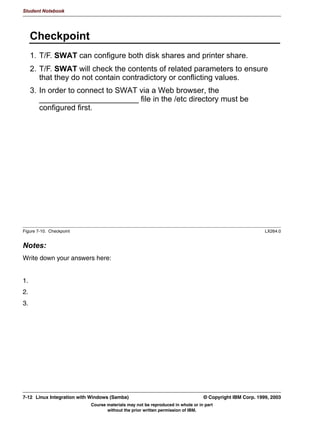 Student Notebook




      6DPED 3ULPDU 'RPDLQ RQWUROOHU 6XSSRUW
      6DPED FDQ IXQFWLRQ DV 3ULPDU 'RPDLQ RQWUROOHU WRR
        RV OHYHO 
        GRPDLQ PDVWHU HV
        ORFDO PDVWHU HV
        SUHIHUUHG PDVWHU HV
        VHFXULW XVHU
        GRPDLQ ORJRQV HV
        UHDWH QHWORJRQ@ VKDUH ZULWDEOH QR SXEOLF QR 