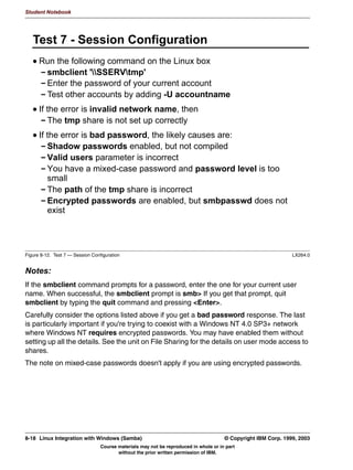 5HVWDUW WKH [LQHWG VHUYHU




Figure 7-9. Configuring [x]inetd to Support SWAT                                                                LX264.0


Notes:
There's not really a whole lot to configuring SWAT, since it runs out of [x]inetd.
 • If your distribution uses the inetd daemon, you need to edit the /etc/inetd.conf file and
   tell inetd how to invoke SWAT when someone visits the interface port. That would be
   done using a Web address like http://localhost:901/ from within a Web browser.
    Add the line shown above at the end of the file. You may want to check first and see if it
    has already been added. If it is already there, just make sure it is uncommented.
    The first field of the inetd.conf file is a cross-reference to the /etc/services file. It would
    be wise to check over there and make sure that the string SWAT showed up in column
    one somewhere in that file.
    Then just restart the inetd server. The easiest way is probably to use:
         /etc/rc.d/init.d/inet restart
    That shell script will locate the pid of the server and send it a HUP signal. If it can't find
    the server, you will be notified.


7-10 Linux Integration with Windows (Samba)                                            © Copyright IBM Corp. 1999, 2003
                                  Course materials may not be reproduced in whole or in part
                                         without the prior written permission of IBM.
 