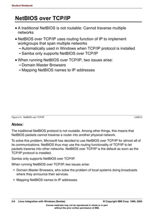 V1.2.2   BKM2MIF
                                                                                                        Student Notebook



Uempty   Unit 2. Network Browsing

         What This Unit Is About
                                 This unit covers network browsing, which is the way for a
                                 NetBIOS-based network to determine which systems are available in
                                 the network, and what shares they offer.


         What You Should Be Able to Do
                                 After completing this unit, you should be able to:
                                  • Describe how a NetBIOS system is identified
                                  • Describe the function of a Local Master Browser and Domain
                                    Master Browser
                                  • Describe the function of a WINS server
                                  • Configure Samba to participate in network browsing


         How You Will Check Your Progress
                                 Accountability:
                                  • Checkpoint questions
                                  • Lab exercises




         © Copyright IBM Corp. 1999, 2003                                                 Unit 2. Network Browsing   2-1
                                     Course materials may not be reproduced in whole or in part
                                            without the prior written permission of IBM.
 