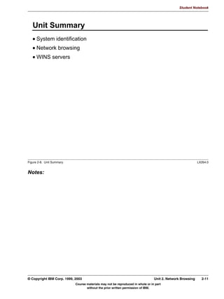 Student Notebook




      1HW%,26 RYHU 73,3
      $ WUDGLWLRQDO 1HW%,26 LV QRW URXWDEOH DQQRW WUDYHUVH PXOWLSOH
      QHWZRUNV
      1HW%,26 RYHU 73,3 XVHV URXWLQJ IXQFWLRQ RI ,3 WR LPSOHPHQW
      ZRUNJURXSV WKDW VSDQ PXOWLSOH QHWZRUNV
       $XWRPDWLFDOO XVHG LQ :LQGRZV ZKHQ 73,3 SURWRFRO LV LQVWDOOHG
       6DPED RQO VXSSRUWV 1HW%,26 RYHU 73,3
      :KHQ UXQQLQJ 1HW%,26 RYHU 73,3 WZR LVVXHV DULVH
       'RPDLQ 0DVWHU %URZVHUV
       0DSSLQJ 1HW%,26 QDPHV WR ,3 DGGUHVVHV




Figure 2-4. NetBIOS over TCP/IP                                                                                 LX264.0


Notes:
The traditional NetBIOS protocol is not routable. Among other things, this means that
NetBIOS packets cannot traverse a router into another physical network.
To solve this problem, Microsoft has decided to use NetBIOS over TCP/IP for almost all of
its communications. NetBIOS thus may use the routing functionality of TCP/IP to let
packets traverse into other networks. NetBIOS over TCP/IP is the default as soon as the
TCP/IP protocol is installed.
Samba only supports NetBIOS over TCP/IP.
When running NetBIOS over TCP/IP, two issues arise:
 • Domain Master Browsers, who solve the problem of local systems doing broadcasts
   where they announce their services.
 • Mapping NetBIOS names to IP addresses.




2-6    Linux Integration with Windows (Samba)                                          © Copyright IBM Corp. 1999, 2003
                                  Course materials may not be reproduced in whole or in part
                                         without the prior written permission of IBM.
 