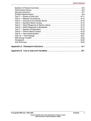 V1.2.2
                                                                                                                    Student Notebook



TOC           Samba 3.0 Feature Summary . . . . . . . . . . . . . . . . . . . . . . . . . . . . . . . . . . . . . . . . . 8-3
              Performance Issues . . . . . . . . . . . . . . . . . . . . . . . . . . . . . . . . . . . . . . . . . . . . . . . . 8-5
              Security Concerns . . . . . . . . . . . . . . . . . . . . . . . . . . . . . . . . . . . . . . . . . . . . . . . . . . 8-7
              Problem Determination . . . . . . . . . . . . . . . . . . . . . . . . . . . . . . . . . . . . . . . . . . . . . . 8-9
              Test 1 — Syntax of smb.conf . . . . . . . . . . . . . . . . . . . . . . . . . . . . . . . . . . . . . . . . 8-11
              Test 2 — Network Connectivity . . . . . . . . . . . . . . . . . . . . . . . . . . . . . . . . . . . . . . . 8-12
              Test 3 — Connect to the Samba Server . . . . . . . . . . . . . . . . . . . . . . . . . . . . . . . . 8-13
              Test 4 — Samba's Name Lookup . . . . . . . . . . . . . . . . . . . . . . . . . . . . . . . . . . . . . 8-15
              Test 5 — Client Response to Name Lookup . . . . . . . . . . . . . . . . . . . . . . . . . . . . . 8-16
              Test 6 — Client Response to Broadcast . . . . . . . . . . . . . . . . . . . . . . . . . . . . . . . . 8-17
              Test 7 — Session Configuration . . . . . . . . . . . . . . . . . . . . . . . . . . . . . . . . . . . . . . 8-18
              Test 8 — Client's Name Lookup . . . . . . . . . . . . . . . . . . . . . . . . . . . . . . . . . . . . . . 8-19
              Test 9 — User Authentication . . . . . . . . . . . . . . . . . . . . . . . . . . . . . . . . . . . . . . . . 8-20
              Test 10 — Full Package . . . . . . . . . . . . . . . . . . . . . . . . . . . . . . . . . . . . . . . . . . . . 8-21
              Still Having Trouble? . . . . . . . . . . . . . . . . . . . . . . . . . . . . . . . . . . . . . . . . . . . . . . . 8-22
              Checkpoint . . . . . . . . . . . . . . . . . . . . . . . . . . . . . . . . . . . . . . . . . . . . . . . . . . . . . . 8-23
              Unit Summary . . . . . . . . . . . . . . . . . . . . . . . . . . . . . . . . . . . . . . . . . . . . . . . . . . . . 8-24

         Appendix A. Checkpoint Solutions . . . . . . . . . . . . . . . . . . . . . . . . . . . . . . . . . . . . . A-1

         Appendix B. List of smb.conf Variables . . . . . . . . . . . . . . . . . . . . . . . . . . . . . . . . . B-1




         © Copyright IBM Corp. 1999, 2003                                                                            Contents          v
                                         Course materials may not be reproduced in whole or in part
                                                without the prior written permission of IBM.
 