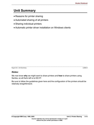 V1.2.2   BKM2MIF
                                                                                                         Student Notebook



Uempty   Unit 5. Printer Sharing

         What This Unit Is About
                                 This unit describes the setup and configuration of printer sharing using
                                 Samba.


         What You Should Be Able to Do
                                 After completing this unit, you should be able to:
                                  • Configure Samba to share all the host system printers
                                  • Configure a single printer in two different operating modes
                                  • Configure Samba to automatically provide Windows clients with
                                    drivers


         How You Will Check Your Progress
                                 Accountability:
                                  • Checkpoint questions
                                  • Lab exercises




         © Copyright IBM Corp. 1999, 2003                                                    Unit 5. Printer Sharing   5-1
                                     Course materials may not be reproduced in whole or in part
                                            without the prior written permission of IBM.
 
