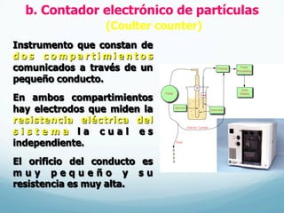 b. Contador electrónico de partículas
(Coulter counter)
Instrumento que constan de
d o s c o m p a r t i m i e n t o s
comunicados a través de un
pequeño conducto.
En ambos compartimientos
hay electrodos que miden la
resistencia eléctrica del
s i s t e m a l a c u a l e s
independiente.
El orificio del conducto es
m u y p e q u e ñ o y s u
resistencia es muy alta.
 