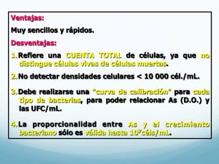Ventajas:
Muy sencillos y rápidos.
Desventajas:
1. Refiere una CUENTA TOTAL de células, ya que no
distingue células vivas de células muertas.
2. No detectar densidades celulares < 10 000 cél./mL.
3. Debe realizarse una "curva de calibración" para cada
tipo de bacterias, para poder relacionar As (D.O.) y
las UFC/mL.
4. La proporcionalidad entre As y el crecimiento
bacteriano sólo es válida hasta 107céls/mL.
 