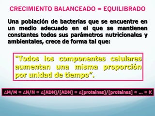 CRECIMIENTO BALANCEADO = EQUILIBRADO
Una población de bacterias que se encuentre en
un medio adecuado en el que se mantienen
constantes todos sus parámetros nutricionales y
ambientales, crece de forma tal que:
ΔM/M = ΔN/N = Δ[ADN]/[ADN] = Δ[proteínas]/[proteínas] = ... = K
“Todos los componentes celulares
aumentan una misma proporción
por unidad de tiempo”.
 
