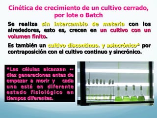 Cinética de crecimiento de un cultivo cerrado,
por lote o Batch
Se realiza sin intercambio de materia con los
alrededores, esto es, crecen en un cultivo con un
volumen finito.
Es también un cultivo discontinuo. y asincrónico* por
contraposición con el cultivo continuo y sincrónico.
*Las células alcanzan ~
diez generaciones antes de
empezar a morir y cada
una está en diferente
estado fisiológico en
tiempos diferentes.
 