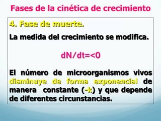 Fases de la cinética de crecimiento
4. Fase de muerte.
La medida del crecimiento se modifica.
El número de microorganismos vivos
disminuye de forma exponencial de
manera constante (-k) y que depende
de diferentes circunstancias.
dN/dt=<0
 
