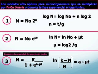Los modelos sólo aplican para microorganismos que se multiplican
por fisión binaria y durante la fase exponencial ó logarítmica.
1 N = No 2n
2 N = No eµt
log N= log No + n log 2
ln N= ln No + µt
N = K___
1 + ea-µt
3 ln k – N
n = t/g
µ = log2 /g
Considera la capacidad de soporte del medio
N
= a - µt
 