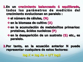1. En un crecimiento balanceado ó equilibrado,
todos los parámetros de medición del
crecimiento evolucionan en paralelo :
v el número de células, (N)
v en la biomasa de cultivo (X)
v en la acumulación de metabolitos primarios:
proteínas, ácidos nucleicos (P)
v en la desaparición de un sustrato (S) etc., es
paralelo.
2. Por tanto, en la ecuación anterior N puede
representar cualquiera de estos factores:
log X = log Xo + t/T log2
 