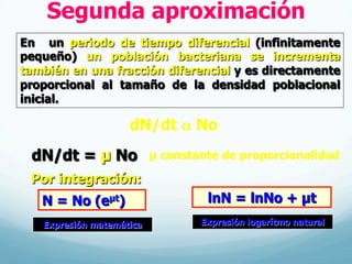 En un periodo de tiempo diferencial (infinitamente
pequeño) un población bacteriana se incrementa
también en una fracción diferencial y es directamente
proporcional al tamaño de la densidad poblacional
inicial.
dN/dt α No
dN/dt = µ No µ constante de proporcionalidad
Por integración:
N = No (eµt)
Expresión matemática
lnN = lnNo + µt
Expresión logarítmo natural
Segunda aproximación
 