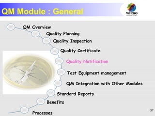 37
QM Overview
QM Module : General
Quality Planning
Quality Inspection
Quality Certificate
Quality Notification
Test Equipment management
QM Integration with Other Modules
Standard Reports
Benefits
Processes
 