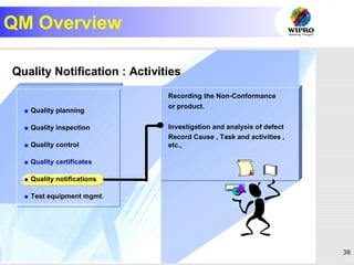 38
QM Overview
R
Quality Notification : Activities
Recording the Non-Conformance
or product.
Investigation and analysis of defect
Record Cause , Task and activities ,
etc.,
 Quality planning
 Quality inspection
 Quality control
 Quality certificates
 Quality notifications
 Test equipment mgmt.
 
