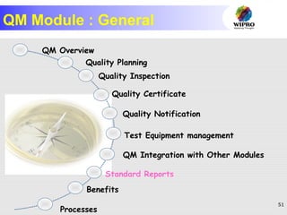 51
QM Overview
QM Module : General
Quality Planning
Quality Inspection
Quality Certificate
Quality Notification
Test Equipment management
QM Integration with Other Modules
Standard Reports
Benefits
Processes
 