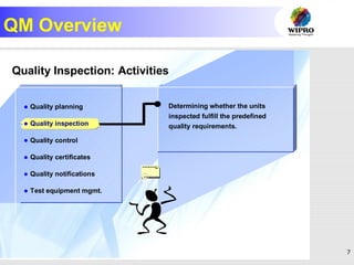 7
QM Overview
Quality Inspection: Activities
Determining whether the units
inspected fulfill the predefined
quality requirements.
 Quality planning
 Quality inspection
 Quality control
 Quality certificates
 Quality notifications
 Test equipment mgmt.
 