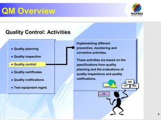 8
QM Overview
R
Quality Control: Activities
Implementing different
preventive, monitoring and
corrective activities.
These activities are based on the
specifications from quality
planning and the evaluations of
quality inspections and quality
notifications.
npnp
157157 005005
398398
 Quality planning
 Quality inspection
 Quality control
 Quality certificates
 Quality notifications
 Test equipment mgmt.
 