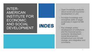 INTER-
AMERICAN
INSTITUTE FOR
ECONOMIC
AND SOCIAL
DEVELOPMENT
• Open knowledge products
about social and economic
development in LAC
• Increase knowledge and
strengthen skills of target
audiences in region & IDB
staff
• Key strategic areas:
development of institutions
and the financial sector,
economic development,
social development,
infrastructure and climate
change, and integration and
commerce
5
 