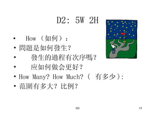 D2: 5W 2H      How （如何）： 問題是如何發生？ 發生的過程有次序嗎？ 应如何做会更好？ How Many? How Much? (  有多少 ): 范圍有多大？比例？ 