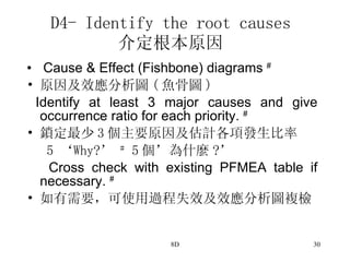 D4- Identify the root causes 介定根本原因 Cause & Effect (Fishbone) diagrams  #   原因及效應分析圖 ( 魚骨圖 )  Identify at least 3 major causes and give occurrence ratio for each priority.  # 鎖定最少 3 個主要原因及估計各項發生比率   5 ‘Why?’  # 5 個’為什麼 ?’ Cross check with existing PFMEA table if necessary.  # 如有需要，可使用過程失效及效應分析圖複檢  