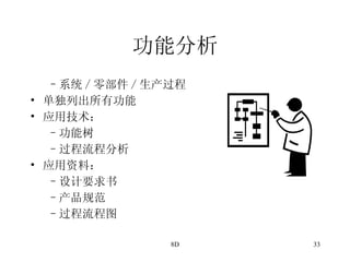 功能分析 系统 / 零部件 / 生产过程 单独列出所有功能 应用技术： 功能树 过程流程分析 应用资料： 设计要求书 产品规范 过程流程图 