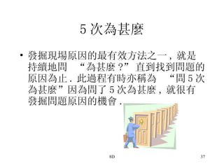 5 次為甚麼 發掘現場原因的最有效方法之一 , 就是持續地問 “為甚麼 ?” 直到找到問題的原因為止 . 此過程有時亦稱為 “問 5 次為甚麼”因為問了 5 次為甚麼 , 就很有發掘問題原因的機會 . 