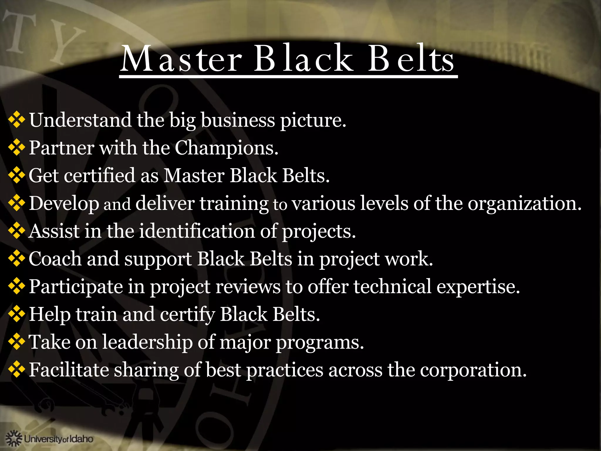 Master Black Belts Understand the big business picture. Partner with the Champions. Get certified as Master Black Belts. Develop  and  deliver training  to  various levels of the organization. Assist in the identification of projects. Coach and support Black Belts in project work. Participate in project reviews to offer technical expertise. Help train and certify Black Belts. Take on leadership of major programs. Facilitate sharing of best practices across the corporation. 