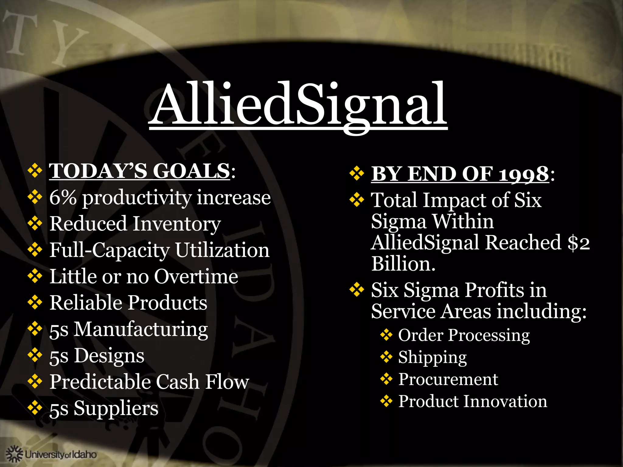 AlliedSignal TODAY’S GOALS : 6% productivity increase Reduced Inventory Full-Capacity Utilization Little or no Overtime Reliable Products 5s Manufacturing 5s Designs Predictable Cash Flow 5s Suppliers BY END OF 1998 : Total Impact of Six Sigma Within AlliedSignal Reached $2 Billion. Six Sigma Profits in Service Areas including: Order Processing Shipping Procurement Product Innovation 