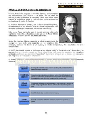 15
MODELO DE BOHR, de Estado Estacionario
Cuando Niels Bohr propuso su modelo atómico, predominaban
dos concepciones que dividían a la física. Por un lado, la
mecánica clásica concebía al universo como una unión entre
materia y radiación y sobre el cual calzaban perfectamente los
postulados y fórmulas de Newton.
La física de Maxwell en cambio, con su teoría electromagnética,
intentaba explicar por ejemplo, que la luz era simplemente una
radiación ondulatoria de campos eléctricos y magnéticos.
Esta nueva física planteaba que el mundo atómico sólo podía
explicarse mediante postulados nuevos, ya que la física clásica
contradecía su teoría con los resultados obtenidos.
Según las teorías clásicas respecto al electromagnetismo, la
energía de una onda sólo dependía de su amplitud. Sin
embargo, aplicada la teoría a un cuerpo, a cierta temperatura, los resultados no eran
concordantes.
En 1900 Max Planck explicó el fenómeno y con ello se inició “la física cuántica”. Según ésta, un
cuerpo absorbe o emite energía en forma discontinua, vale decir, en paquetes de energía o
cantidades definidas que denominó “cuantos”. Duramente criticada en su época, hoy se asume
con propiedad la veracidad de esta teoría.
Es en este escenario, donde Niels Bohr planteó su modelo atómico (hidrogenoide) argumentando lo
siguiente:
 