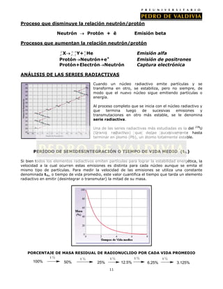 Proceso que disminuye la relación neutrón/protón
Neutrón

Protón + ē

Emisión beta

Procesos que aumentan la relación neutrón/protón
A
X Z 4 Y+ 4 He
2
2
Protón Neutrón+e+
Protón+Electrón Neutrón
A
Z

Emisión alfa
Emisión de positrones
Captura electrónica

ANÁLISIS DE LAS SERIES RADIACTIVAS
Cuando un núcleo radiactivo emite partículas y se
transforma en otro, se estabiliza, pero no siempre, de
modo que el nuevo núcleo sigue emitiendo partículas o
energía.
Al proceso completo que se inicia con el núcleo radiactivo y
que
termina
luego
de
sucesivas
emisiones
y
transmutaciones en otro más estable, se le denomina
serie radiactiva.
Una de las series radiactivas más estudiadas es la del 238U
(Uranio radiactivo) que decae sucesivamente hasta
terminar en plomo (Pb), un átomo totalmente estable.

PERÍODO DE SEMIDESINTEGRACIÓN O TIEMPO DE VIDA MEDIO (t½)
Si bien todos los elementos radiactivos emiten partículas para lograr la estabilidad energética, la
velocidad a la cual ocurren estas emisiones es distinta para cada núcleo aunque se emita el
mismo tipo de partículas. Para medir la velocidad de las emisiones se utiliza una constante
denominada t½, o tiempo de vida promedio, este valor cuantifica el tiempo que tarda un elemento
radiactivo en emitir (desintegrar o transmutar) la mitad de su masa.

PORCENTAJE DE MASA RESIDUAL DE RADIONUCLIDO POR CADA VIDA PROMEDIO

t½
100%

50%

t½

t½

t½
25%

12.5%
11

t½
6.25%

3.125%

 