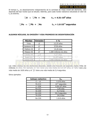 El tiempo t½, es absolutamente independiente de la cantidad de masa inicial del elemento, sólo
depende del tipo núcleo que se estudia. Además, para cada núcleo radiactivo estudiado el valor de
t½ es distinto.
238
92

214
84

Po

U

234
90

210
82

Th +

Pb +

4
2

4
2

t½ = 4.51·109 años

He

t½ = 1.6·10-4 segundos

He

ALGUNOS NÚCLEOS, SU EMISIÓN Y VIDA PROMEDIO DE DESINTEGRACIÓN

Núcleo

Emisión

t½

Tritio

-

β

12,33 años

Carbono-14

β-

5730 años

-

14,26 días

Fósforo-32

β

Potasio-40

β-

1.280 millones de años
-

Cobalto-60

γ, β

5,27 años

Yodo-123

γ

13,27 horas

Uranio-235

γ

7.040 millones de años

Las vidas medias de los elementos alcanzan, desde una fracción de segundo, hasta miles de
millones de años. Por ejemplo, el 238 U tiene una vida media de 4,5·109 años, el 226 Ra tiene una
92
88
vida media de 1620 años y el

15
6

C tiene una vida media de 2,4 segundos.

Otros ejemplos:
Isótopo radiactivo

t½

C – 14

5.570 años

Po-214

10-6 segundos

U -238
Ra-222
Ac-228
Rn-220
Th-234

4,56·109 años
3,85 días
6,2 horas
55,3 segundos
24,5 días

Ra-226

1.610 años

12

 