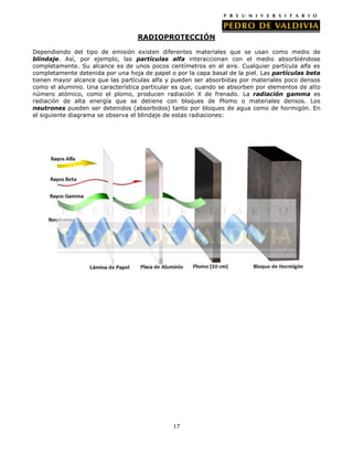 RADIOPROTECCIÓN
Dependiendo del tipo de emisión existen diferentes materiales que se usan como medio de
blindaje. Así, por ejemplo, las partículas alfa interaccionan con el medio absorbiéndose
completamente. Su alcance es de unos pocos centímetros en el aire. Cualquier partícula alfa es
completamente detenida por una hoja de papel o por la capa basal de la piel. Las partículas beta
tienen mayor alcance que las partículas alfa y pueden ser absorbidas por materiales poco densos
como el aluminio. Una característica particular es que, cuando se absorben por elementos de alto
número atómico, como el plomo, producen radiación X de frenado. La radiación gamma es
radiación de alta energía que se detiene con bloques de Plomo o materiales densos. Los
neutrones pueden ser detenidos (absorbidos) tanto por bloques de agua como de hormigón. En
el siguiente diagrama se observa el blindaje de estas radiaciones:

17

 