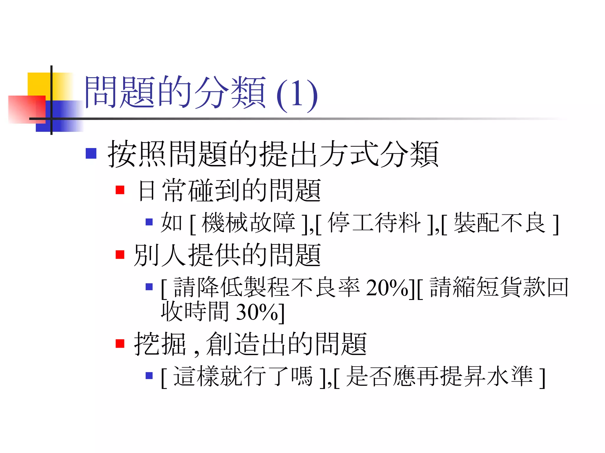 問題的分類 (1) 按照問題的提出方式分類 日常碰到的問題 如 [ 機械故障 ],[ 停工待料 ],[ 裝配不良 ]  別人提供的問題 [ 請降低製程不良率 20%][ 請縮短貨款回收時間 30%] 挖掘 , 創造出的問題 [ 這樣就行了嗎 ],[ 是否應再提昇水準 ] 