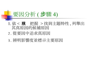 要因分析 ( 步驟 4) 1. 依 <  現狀把握  > 找到主題特性 , 列舉出其真原因的候補原因 2. 從要因中追求真原因 3. 辨明影響度並標示主要原因 