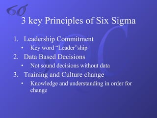 Leadership Commitment Key word “Leader”ship Data Based Decisions Not sound decisions without data Training and Culture change Knowledge and understanding in order for change 3 key Principles of Six Sigma 6σ 