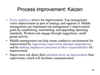 Process improvement: Kaizen Every employee  strives for improvement. Top management views improvement as part of strategy and supports it. Middle management can implement top management’s improvement goals by establishing, maintaining, and upgrading operating standards. Workers can engage through suggestions, small group activity. Middle management can help create conducive environment for improvement by  improving cooperation amongst departments , and by  making employees conscious of their responsibilities  for improvement. Supervisors can direct their  attention more on improvement  than supervision, which will facilitate communication. 