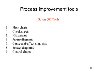 Process improvement tools Seven QC Tools   Flow charts Check sheets Histograms Pareto diagrams Cause-and-effect diagrams Scatter diagrams Control charts 