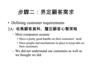 步驟二：界定顧客需求 Defining customer requirements 2A:  收集顧客資料、釐定顧客心聲策略 Most companies assume Have a pretty good handle on their customers’ need Have people and mechanisms in place to keep tabs on their customers We did not understand our customers as well as we thought we did 