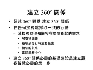 建立 360° 關係 超越 360° 觀點 建立 360° 關係 在任何接觸點採取一致的行動 某接觸點得知顧客有房屋貸款的需求 郵寄建議書 顧客到分行時主動提出 網站的訊息 電話服務中心 建立 360° 關係必需的基礎建設是建立顧客智慧必需的第一步 