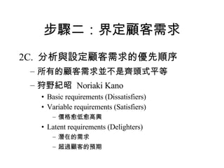 步驟二：界定顧客需求 2C.  分析與設定顧客需求的優先順序 所有的顧客需求並不是齊頭式平等 狩野紀昭  Noriaki Kano Basic requirements (Dissatisfiers) Variable requirements (Satisfiers) 價格愈低愈高興 Latent requirements (Delighters) 潛在的需求 超過顧客的預期 
