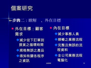 個案研究 外在目標：顧客需求 減少從下訂單到提貨之循環時間 規格無誤之產品 得知有關各程序之資訊 內在目標 減少事務人員 順暢之業務流程 完整且無誤的流程資料 全公司業務流程電腦化 步驟二：瞭解內、外在目標 