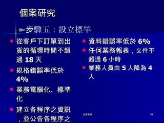 個案研究 從客戶下訂單到出貨的循環時間不超過 18 天 規格錯誤率低於 4% 業務電腦化、標準化 建立各程序之資訊，並公告各程序之作業時間 資料錯誤率低於 6% 任何業務報表 ，文件不超過 6 小時 業務人員由 5 人降為 4 人 步驟五：設立標竿 