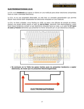 ELECTRONEGATIVIDAD (E.N)
La E.N. es la tendencia que ejerce un átomo en una molécula para atraer electrones compartidos
hacia su nube o densidad electrónica.
La E.N. no es una propiedad observable, es más bien un concepto generalizador que permite
decidir hacia donde están desplazados los electrones enlazados en una molécula.
La E.N. no tiene unidades. Linus Pauling en 1930, en base a los cálculos de energía de enlace,
postuló una escala donde asignó el valor de 4,0 al flúor, elemento más electronegativo, quien
tiene mayor tendencia a atraer un par electrónico enlazado hacia su nube, y un valor de 0.7 para
el cesio y francio elementos que presentan la menor atracción por un par electrónico enlazado.

Se excluyen en la Tabla los gases inertes pues no presentan tendencia a captar
electrones, de modo que no presentan Electronegatividad.

17

 