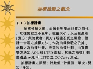 抽樣檢驗之觀念   （ 1 ）抽樣計畫 抽樣檢驗之前，必須針對產品品質之特性、以往製程之不良率、批量大小，以及生產者 ( 賣方 ) 與消費者 ( 買方 ) 所能忍受之風險，設計一合適之抽樣方法，作為抽樣檢驗之依據，此稱之為抽樣計畫。典型的抽樣計劃，由買賣雙方決定 AQL 和 LTPD 兩點，其餘之抽樣計劃由通過 AQL 和 LTPD 之 OC Curve 決定。 抽樣計畫之類型 :  計數值 / 計量值，單次 / 雙次 / 多次。 