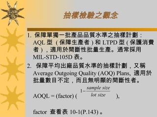 抽樣檢驗之觀念   1.   保障單獨一批產品品質水準之抽樣計劃： AQL 型  ( 保障生產者 ) 和 LTPD 型 ( 保護消費者 ) ，適用於間斷性批量生產。通常採用 MIL-STD-105D 表。 2.    保障平均出廠品質水準的抽樣計劃，又稱 Average Outgoing Quality (AOQ) Plans,  適用於批量數目不定，而且無明顯的間斷性者。 AOQL = (factor) (  ),  factor  查看表 10-1(P.143) 。 