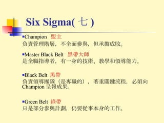 Champion  盟主 負責管理階層，不全面參與，但承擔成敗。 Six Sigma( 七 ) Master Black Belt  黑帶大師 是全職指導者，有一身的技術、教學和領導能力。 Black Belt  黑帶 負責領導團隊（是專職的），著重關鍵流程，必須向 Champion 呈報成果。 Green Belt  綠帶 只是部分參與計劃，仍要從事本身的工作。 