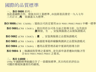 國際的品質標準 一、 ISO 9000 系列： 為促進國際合作，發展共同工業標準 , 由技術委員會於一九八七年三月訂立 , 其內容涵蓋五大標準 . ISO 9001 (CNS 12681) ： 指出用於公司各方面之指導方針 , 包含設計、開發、生產、安裝與服務之品質保證模式 ISO 9002  (CNS 12682) ： 生產、安裝與服務之品質保證模式 ISO 9003  (CNS 12683) ： 涵蓋從事最終檢驗與測試之品質保證模式 ISO 9004-1 ： 強調流程管理之重要性 , 並告訴申請者應如何做才符合 ISO 9001/9002/9003 之要求。 ISO 9000 (CNS 12680) ： 協助公司決定要用 ISO 9001/9002/9003 中哪一標準 ISO 9004  (CNS 12684) ： 應用品質管理系統中要素的指導方針 二、 ISO 14000 ： 1996 年國際標準組織引介了一套環保標準 , 其目的在於評估公司關於環境保護責任的績效。 